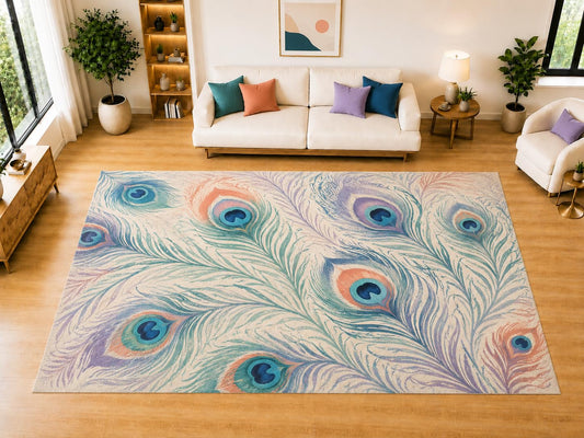 ICE ARMOR "Ultra Light Weight Large 6'7 x 9'10 Peacock Feather Pattern Area Rug for Living Room, Dining Room, and Bedroom, Soft Low Pile Indoor Rug, Decorative Floor Accent
