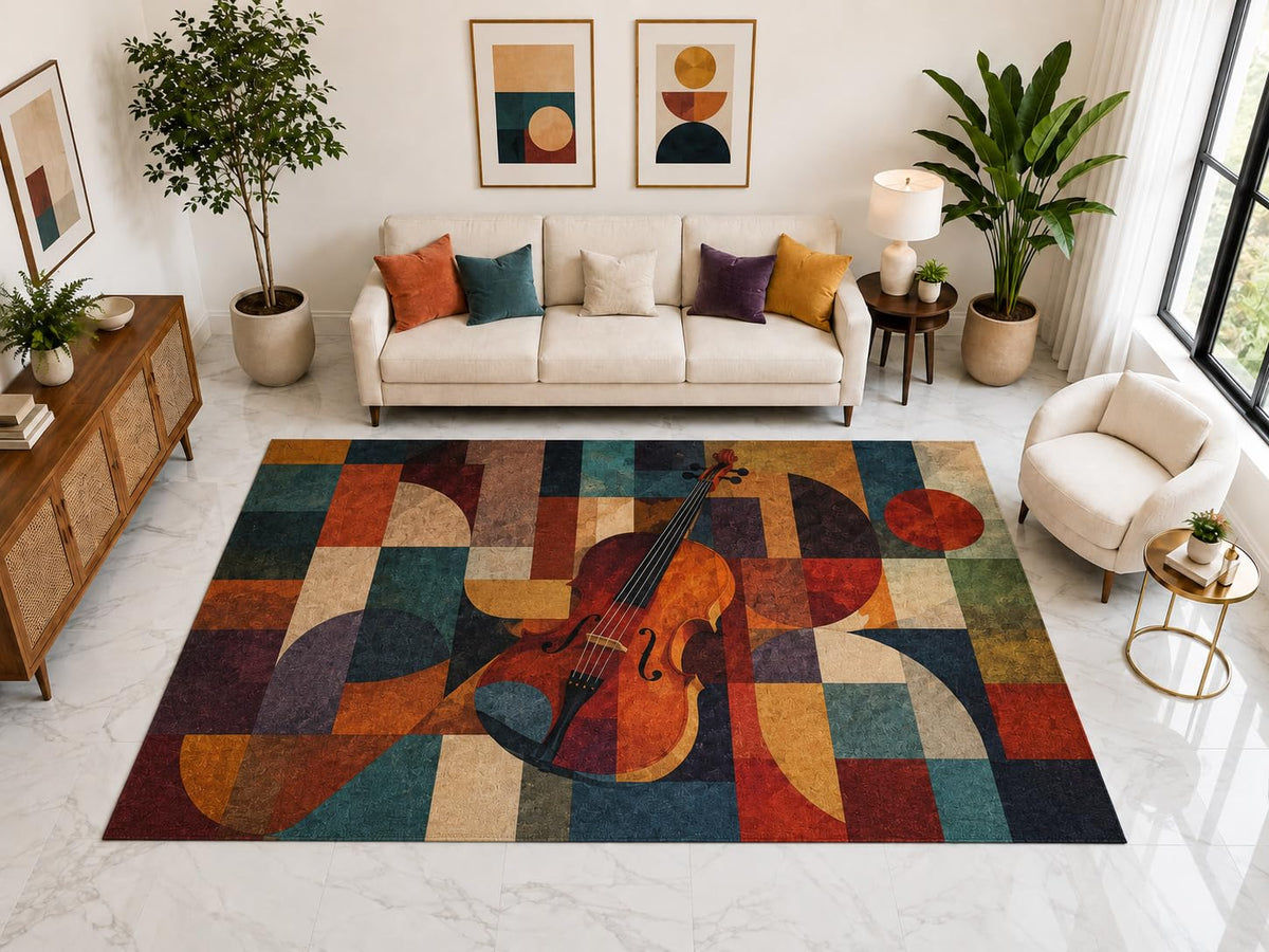 ICE ARMOR "Ultra Light Weight Large 6'7" x 9'10" Violin Patchwork Rug, Soft Low Pile Indoor Rug, Non-Slip Silicone Backing for Living Room Orange