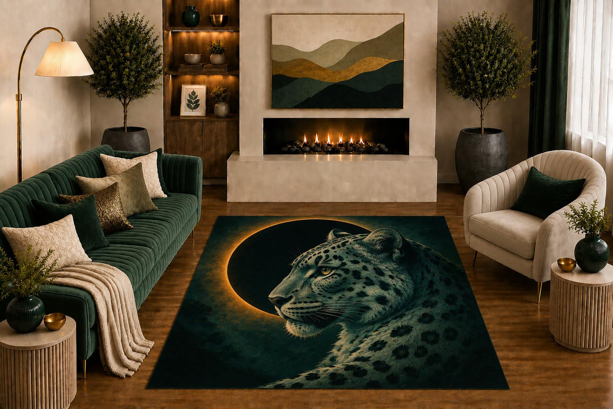 ICE ARMOR "Ultra Light Weight 5' x 7' Snow Leopard Area Rug Celestial Eclipse Wildlife Portrait Art in Dark Green Gold for Living Room Bedroom Office Decor Non-Slip Silicone Backing Low Pile