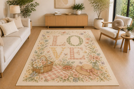 ICE ARMOR 5' x 7' Cottage Picnic Love Area Rug, Soft Low Pile Indoor Rug with Non-Slip Silicone Backing for Living Room, Bedroom, Nursery, Kids Room, Family Room, Cream Pink Green