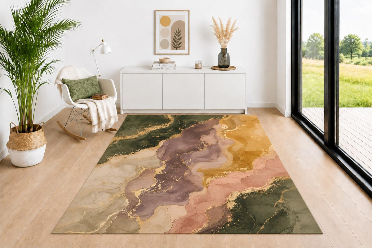 ICE ARMOR 5' x 7' Marble Area Rug, Flowing Organic Pattern in Sage Green Mauve Mustard Beige with Elegant Veining, Neutral Floor Carpet for Living Room Bedroom Office Decor
