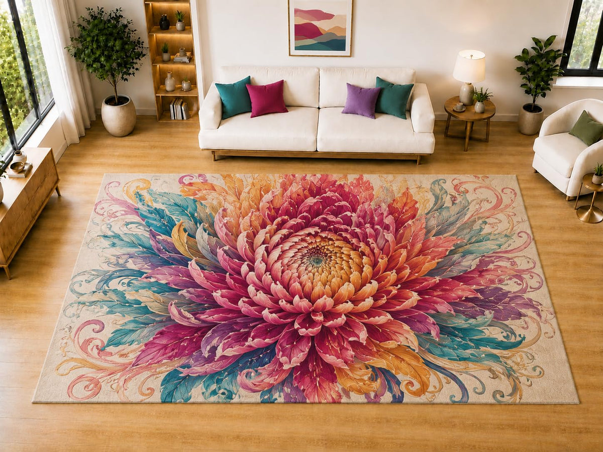 ICE ARMOR "Ultra Light Weight Large 6'7" x 9'10" Chrysanthemum Scroll Area Rug for Living Room Bedroom Dining Room, Soft Low Pile Non-Slip Backing, Pink Orange Teal Purple Floral Decor