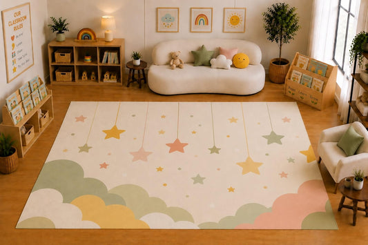 ICE ARMOR Large 6'7" x 9'10" Hanging Stars and Clouds Area Rug for for Kids Room, Classroom, Bedroom, Playroom Decor, Soft Low Pile Indoor Rug with Non-Slip Silicone Backing, Cream Pastel Multicolor