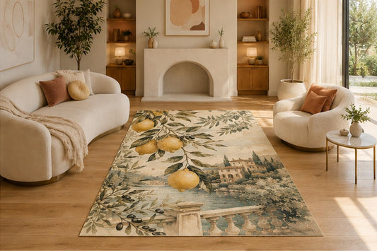 ICE ARMOR 5' x 7' Italian Lemon Grove Area Rug for Living Room, Soft Low Pile Indoor Rug with Non-Slip Silicone Backing, Decorative Carpet for Bedroom, Kitchen, Office & Mediterranean Decor, Beige