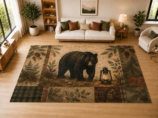 ICE ARMOR "Ultra Light Weight Large 6'7" x 9'10" Black Bear Pine Lantern Decor, Living Room, Bedroom, Dining Room, Office, Family Room, Soft Low Pile Indoor Rug, Non-Slip Silicone Backing, Brown