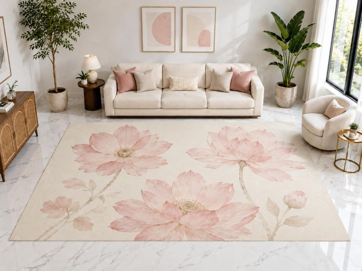 ICE ARMOR "Ultra Light Weight Large 6'7" x 9'10" Pink Lotus Blossom Rug, Soft Low Pile Indoor Rug, Non-Slip Silicone Backing for Bedroom Pink Cream
