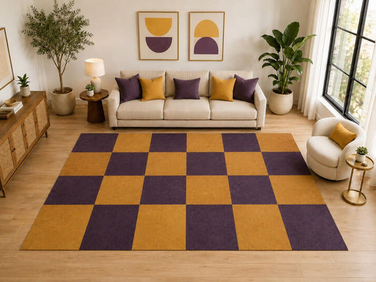 ICE ARMOR Large 6'7" x 9'10" Classic Checkerboard Area Rug for for Bedroom, Living Room, Soft Low Pile Indoor Rug with Non-Slip Silicone Backing, Mustard Purple