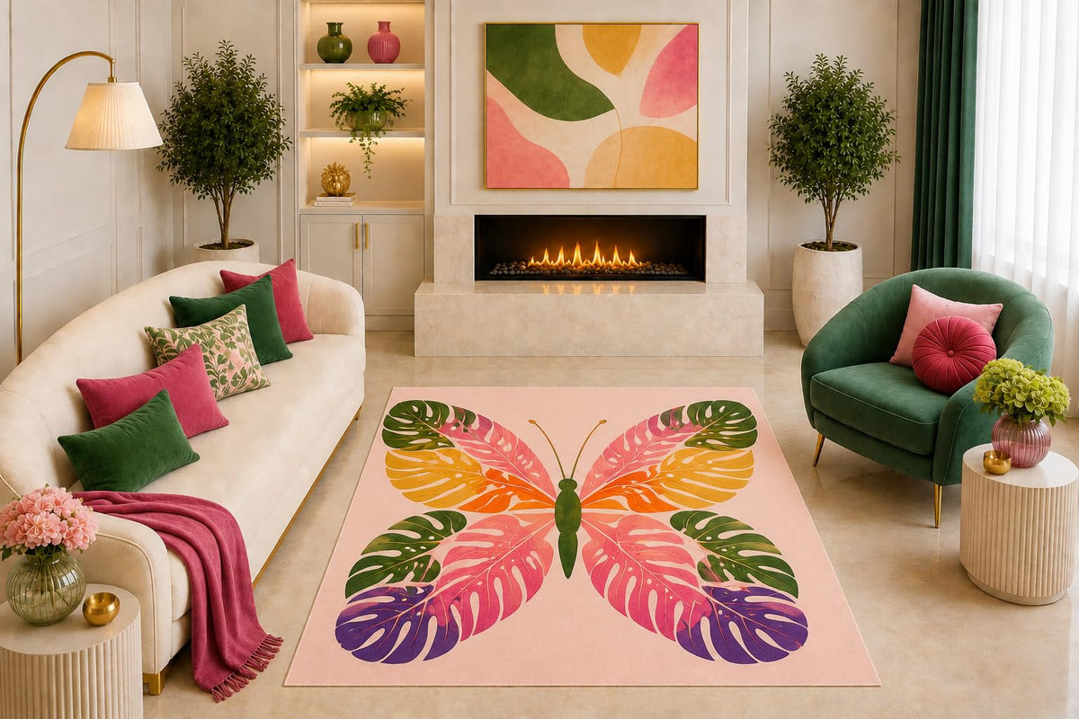 ICE ARMOR "Ultra Light Weight 5' x 7' Tropical Butterfly Area Rug Colorful Monstera Leaf Art for Living Room Bedroom Kids Room Playroom Non-Slip Silicone Backing Low Pile
