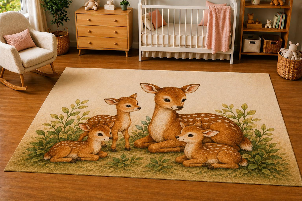 ICE ARMOR 5' x 7' Deer Family Wildflower Meadow Area Rug, Soft Low Pile Indoor Rug with Non-Slip Silicone Backing, Nursery, Kids Room, Playroom, Kids & Pets, Beige Pastel