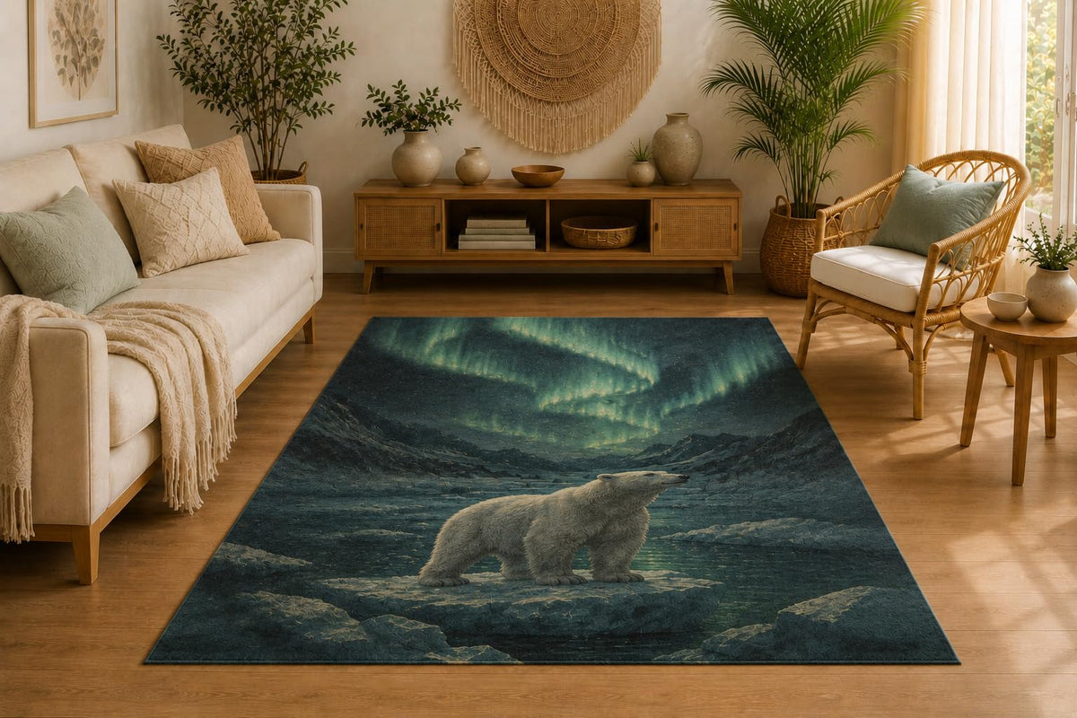 ICE ARMOR 5' x 7' Polar Bear Aurora Area Rug, Soft Low Pile Indoor Rug with Non-Slip Silicone Backing, Decorative Carpet for Living Room, Bedroom, Dining Room, Office, Arctic