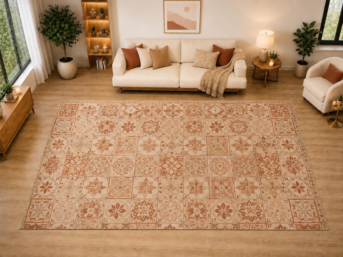 ICE ARMOR "Ultra Light Weight Large 6'7" x 9'10" Terracotta Tile Floral Area Rug for Living Room, Bedroom, Dining Room, Soft Low Pile Non-Slip Backing, Rust Beige