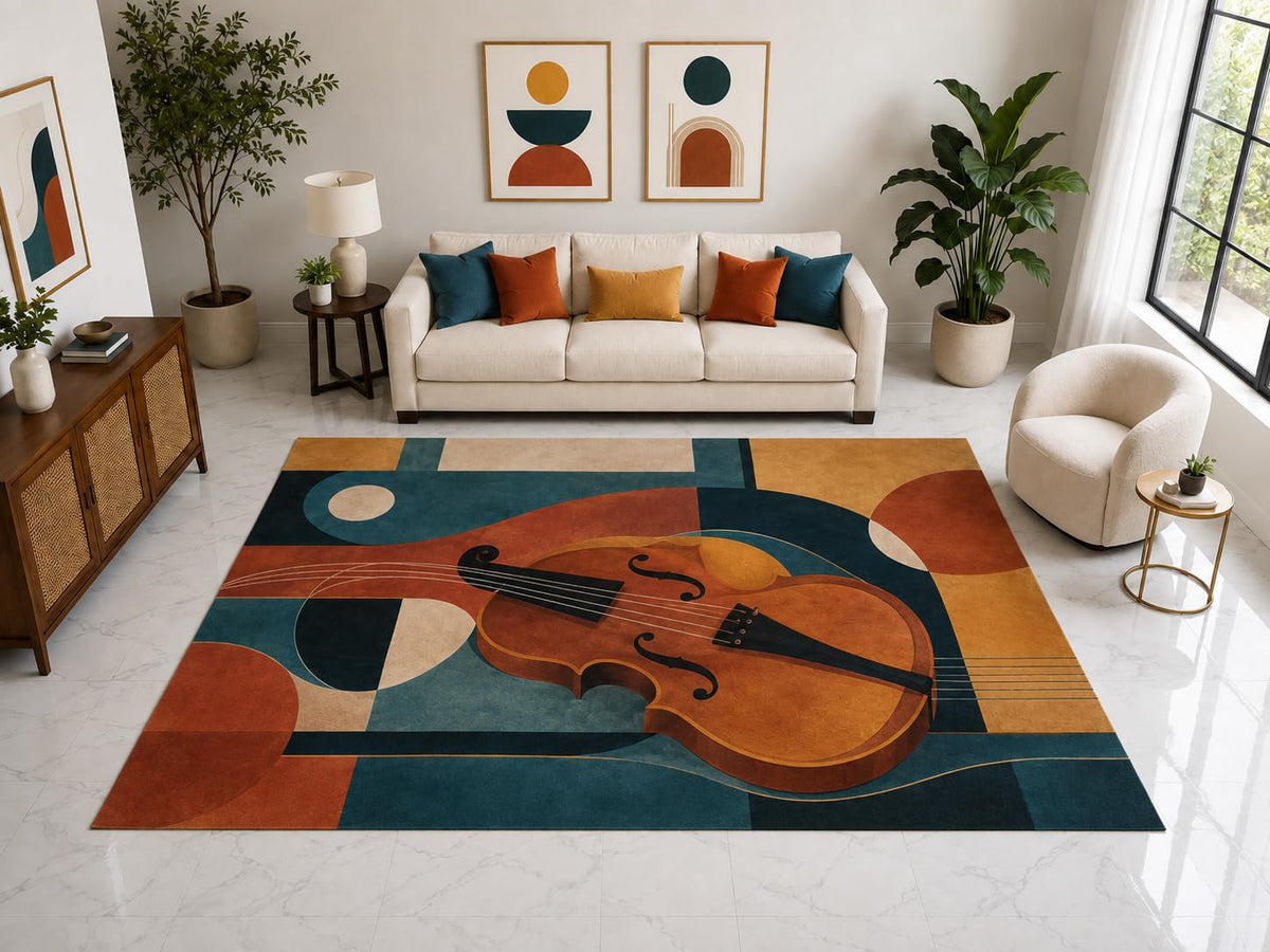 ICE ARMOR "Ultra Light Weight Large 6'7" x 9'10" Abstract Violin Circle Rug, Soft Low Pile Indoor Rug, Non-Slip Silicone Backing for Living Room Teal