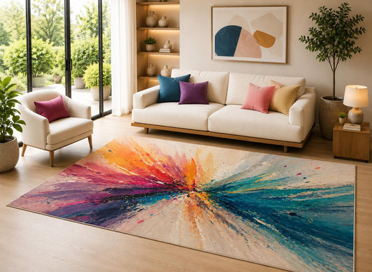 ICE ARMOR 6'7" x 9'10" Color Burst Area Rug for Living Room, Soft Low Pile Indoor Rug with Non-Slip Silicone Backing, Decorative Carpet for Bedroom, Dining Room and Office, Multicolored