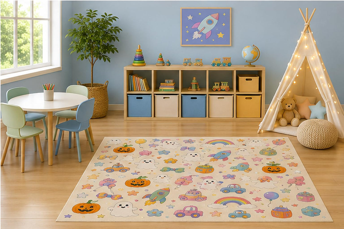 ICE ARMOR 5' x 7' Pastel Halloween Ghost Adventure Kids Area Rug, Cute Pumpkin Rainbow Rocket Cars Cartoon Playroom Nursery Bedroom Decor, Non-Slip Silicone Backing Low Pile