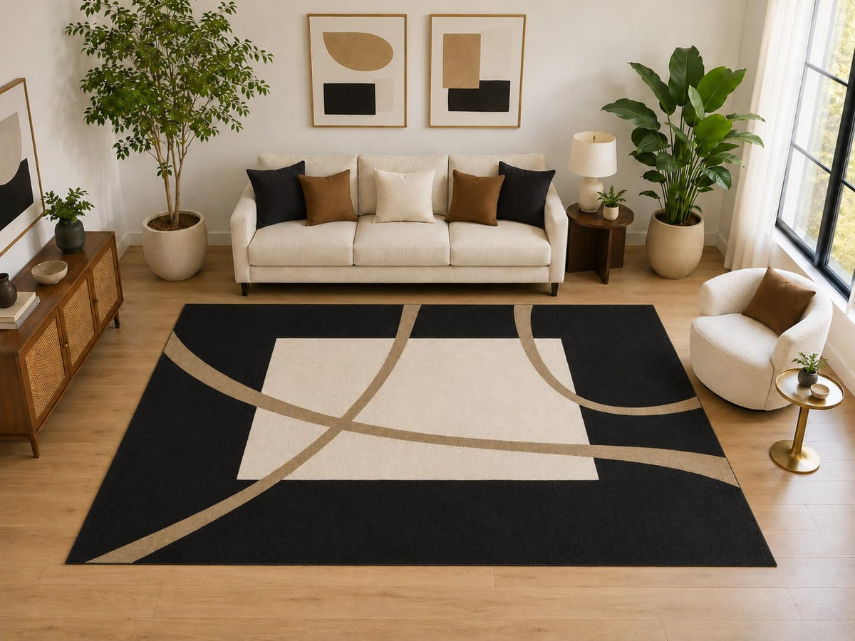 ICE ARMOR Large 6'7" x 9'10" Modern Curved Arc Area Rug for for Bedroom, Living Room, Soft Low Pile Indoor Rug with Non-Slip Silicone Backing, Black Ivory Tan