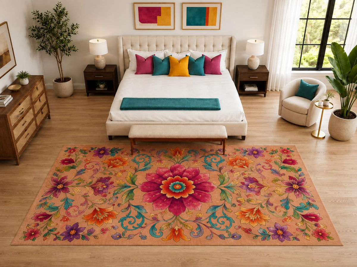ICE ARMOR "Ultra Light Weight Large 6'7" x 9'10" Boho Floral Scroll Rug, Soft Low Pile Indoor Rug, Non-Slip Silicone Backing for Bedroom Peach