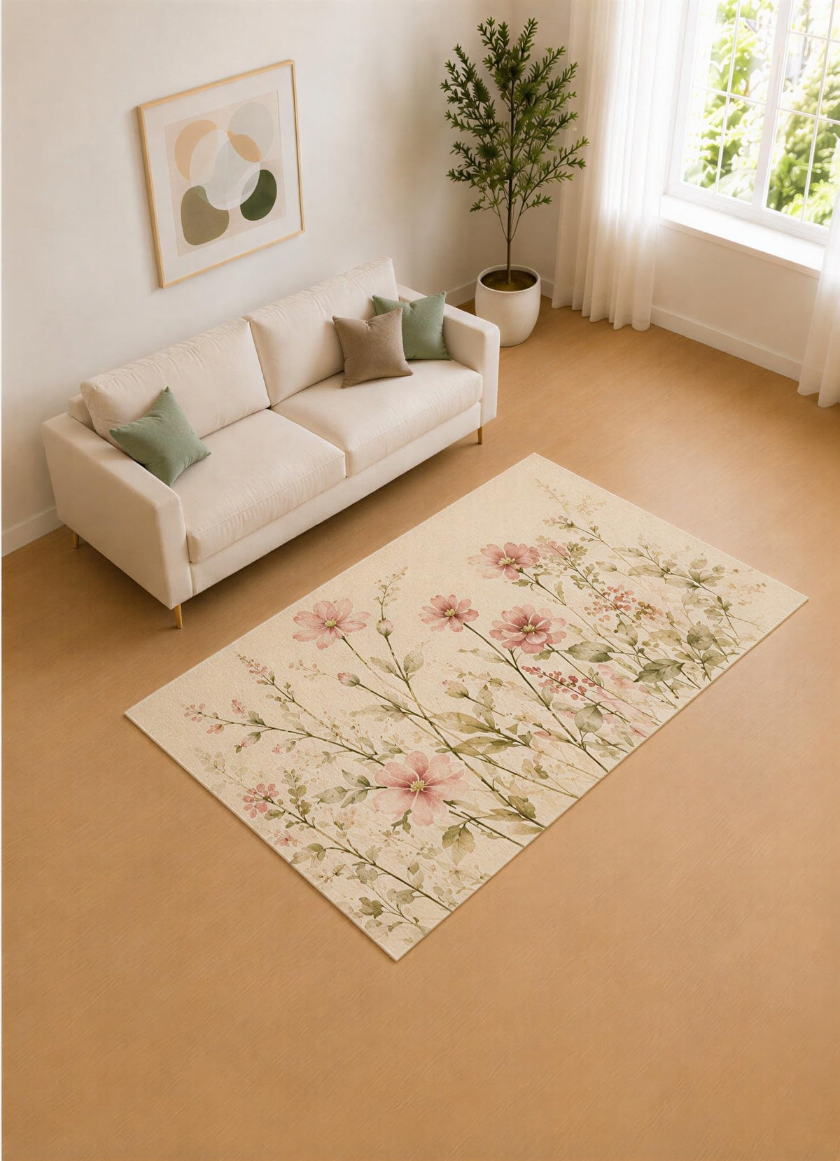 ICE ARMOR 5' x 7' Blush Pink and Sage Flower Meadow Area Rug for Living Room, Soft Low Pile Carpet with Non-Slip Silicone Backing, Decor for Bedroom and Home Office