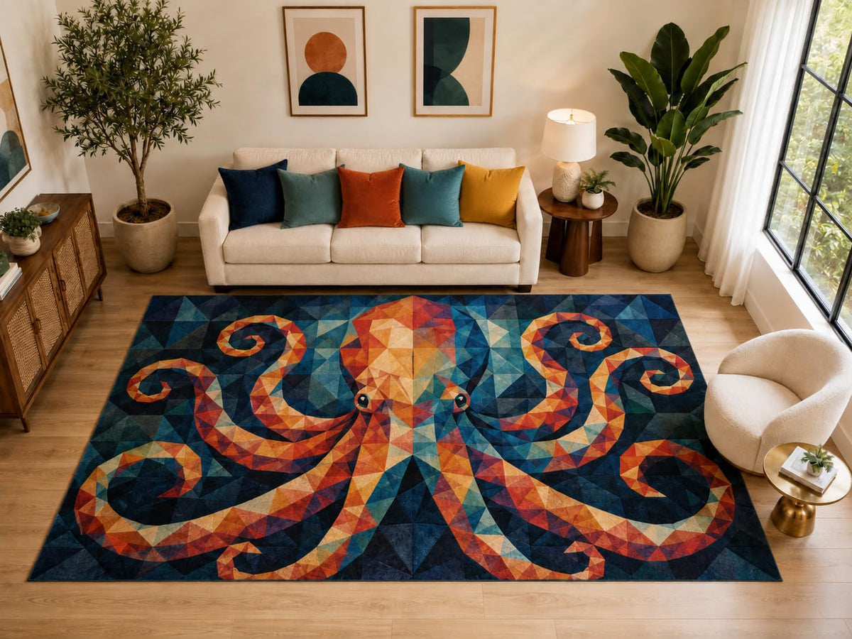 ICE ARMOR "Ultra Light Weight Large 6'7" x 9'10" Low Poly Octopus Rug, Soft Low Pile Indoor Rug, Non-Slip Silicone Backing for Living Room Navy