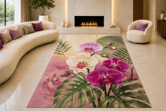 ICE ARMOR "Ultra Lightweight Large 6'7" x 9'10" Mixed Orchid Bouquet Area Rug for Living Room, Bedroom and Home Office, Soft Low Pile Carpet with Non-Slip Silicone Backing, Purple and Green