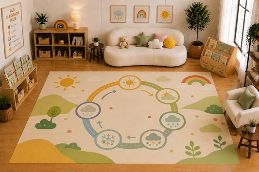 ICE ARMOR Large 6'7" x 9'10" Weather Cycle Learning Area Rug for for Kids Room, Classroom, Bedroom, Playroom Decor, Soft Low Pile Indoor Rug with Non-Slip Silicone Backing, Pastel Multicolor