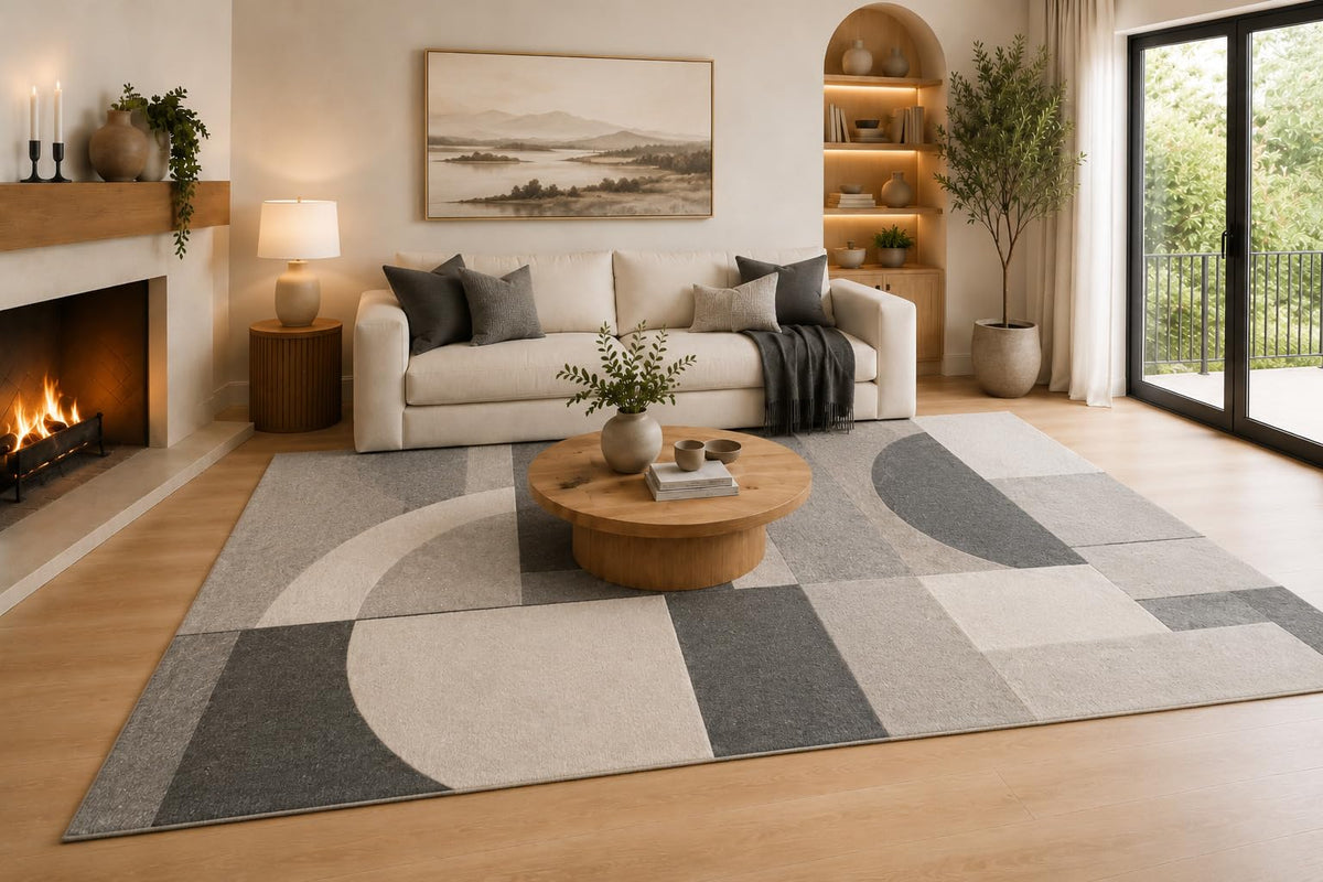 ICE ARMOR 6'7" x 9'10" Gray, Charcoal and Ivory Balanced Geometric Blocks Area Rug, Soft Low Pile Carpet with Non-Slip Silicone Backing for Living Room, Bedroom, Dining Area and Home Office