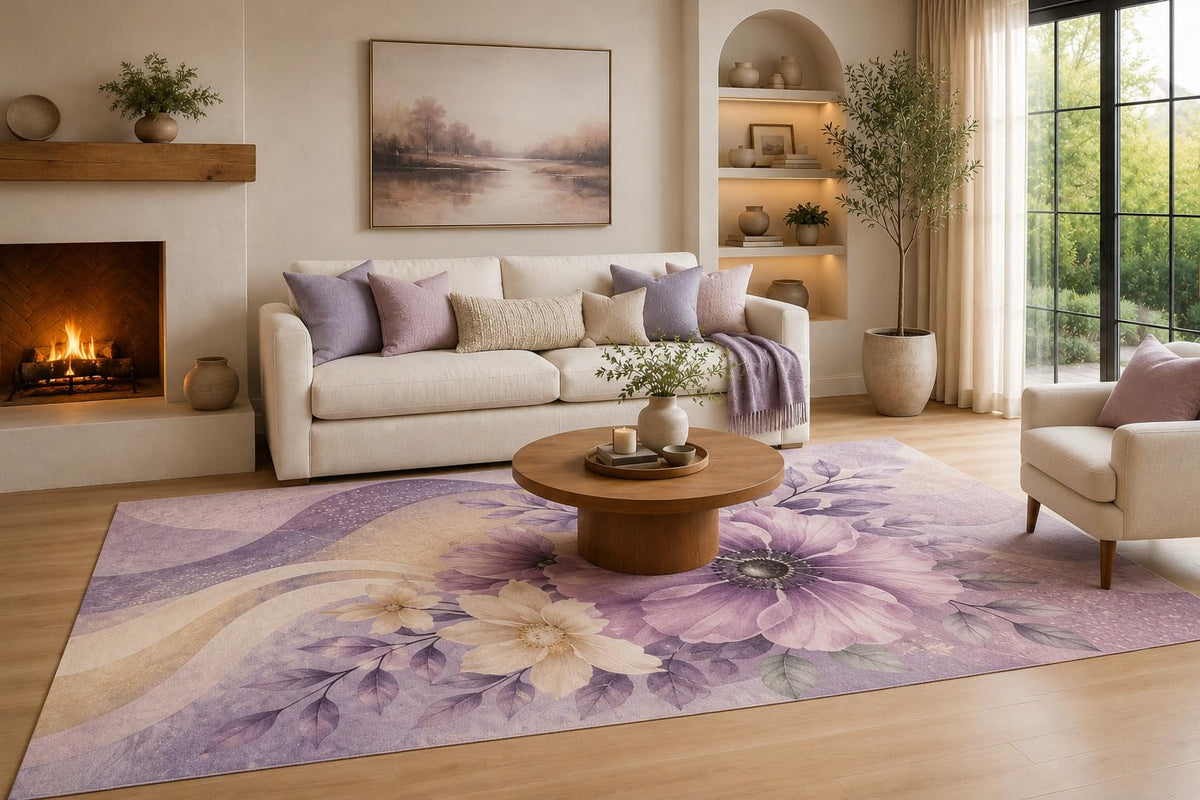 ICE ARMOR Large 6'7" x 9'10" Lavender and Cream Flowing Floral Wave Area Rug for Living Room, Soft Low Pile Carpet with Non-Slip Silicone Backing, Decor for Bedroom, Dining Area and Home Office