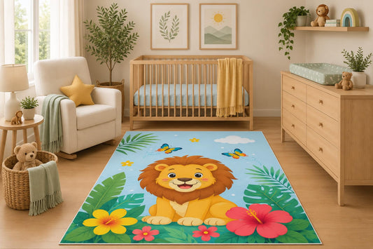 ICE ARMOR 5' x 7' Cute Baby Lion Area Rug, Watercolor Safari Jungle Animal Nursery Kids Bedroom Playroom Decor, Non-Slip Silicone Backing Low Pile Indoor Carpet