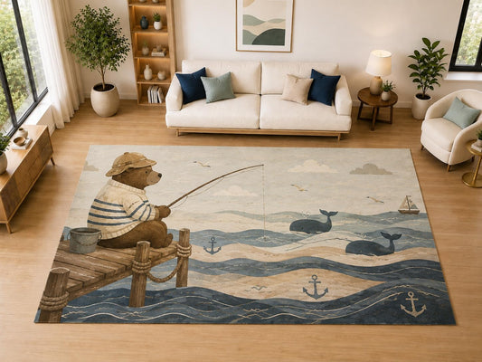 ICE ARMOR "Ultra Light Weight Large 6'7" x 9'10" Bear Fishing Ocean Decor, Living Room, Bedroom, Dining Room, Office, Family Room, Soft Low Pile Indoor Rug, Non-Slip Silicone Backing, Blue