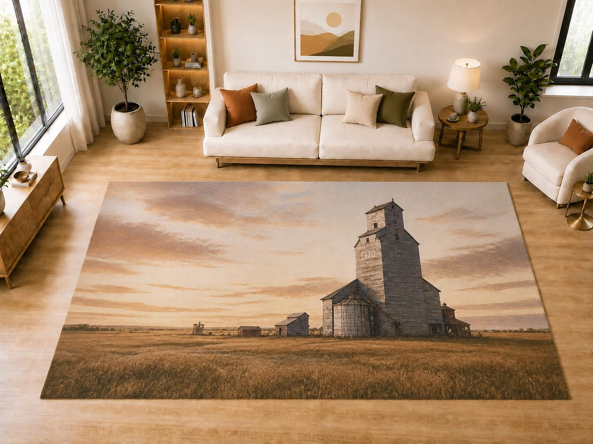 ICE ARMOR "Ultra Light Weight Large 6'7" x 9'10" Prairie Grain Elevator Sunset Area Rug for Living Room, Bedroom, Dining Room, Soft Low Pile Non-Slip Backing, Golden Brown