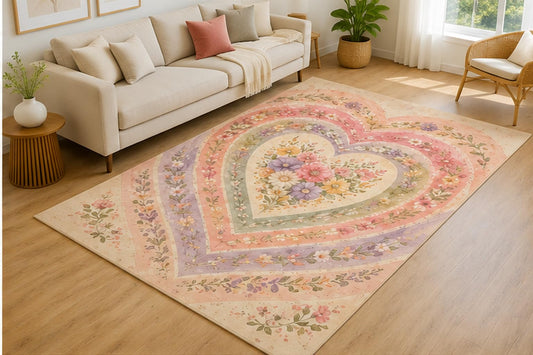 ICE ARMOR 5' x 7' Layered Botanical Heart Area Rug for Living Room, Soft Low Pile Indoor Rug with Non-Slip Silicone Backing, Decorative Carpet for Bedroom, Nursery, Family Room, Cream Multicolor