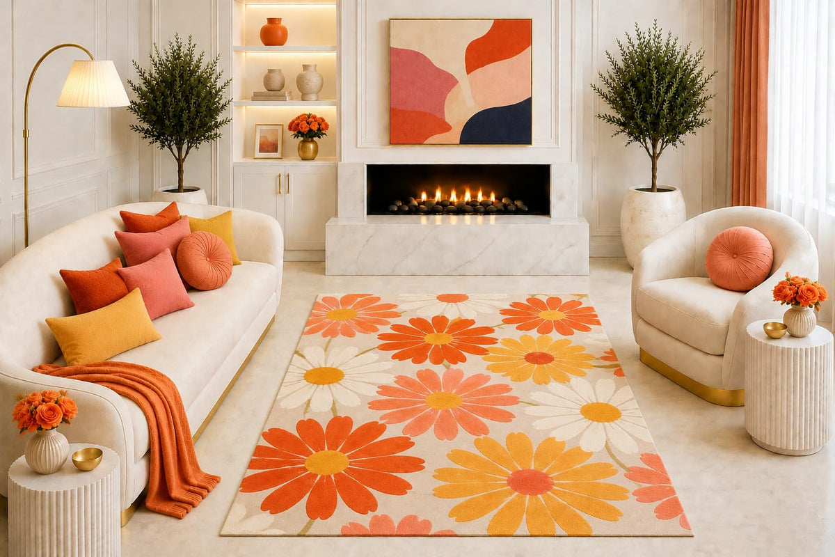 ICE ARMOR "Ultra Light Weight 5' x 7' Orange Yellow Daisy Floral Area Rug, Retro Botanical Flower Design for Living Room Bedroom Dining Room, Non-Slip Silicone Backing Low Pile