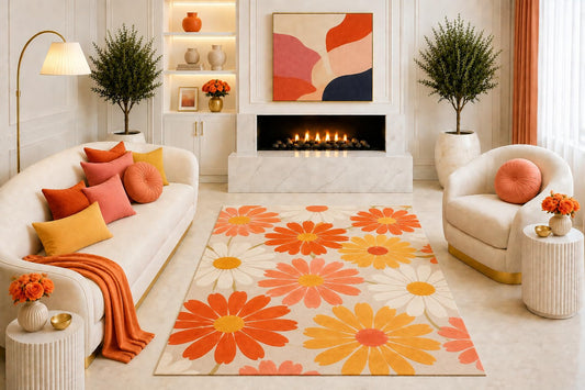 ICE ARMOR "Ultra Light Weight 5' x 7' Orange Yellow Daisy Floral Area Rug, Retro Botanical Flower Design for Living Room Bedroom Dining Room, Non-Slip Silicone Backing Low Pile