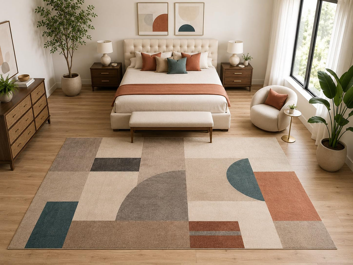 ICE ARMOR "Ultra Light Weight Large 6'7" x 9'10" Modern Geometric Block Rug, Soft Low Pile Indoor Rug, Non-Slip Silicone Backing for Bedroom Beige
