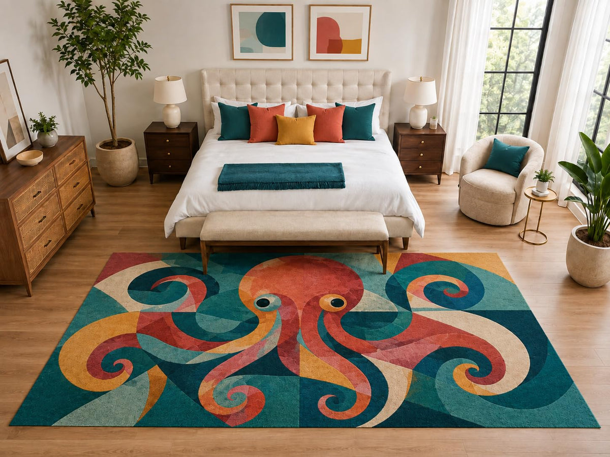 ICE ARMOR "Ultra Light Weight Large 6'7" x 9'10" Abstract Coral Octopus Rug, Soft Low Pile Indoor Rug, Non-Slip Silicone Backing for Living Room Teal