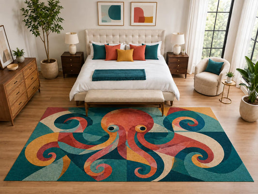 ICE ARMOR "Ultra Light Weight Large 6'7" x 9'10" Abstract Coral Octopus Rug, Soft Low Pile Indoor Rug, Non-Slip Silicone Backing for Living Room Teal