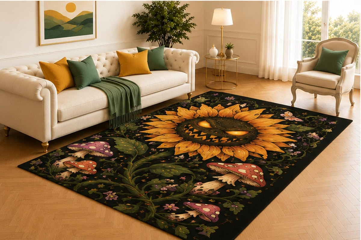 ICE ARMOR 5' x 7' Haunted Sunflower Mushroom Rug, Black Botanical Design with Glowing Face, Red Fungi and Vines, Bold Halloween Decor for Bedroom or Game Room
