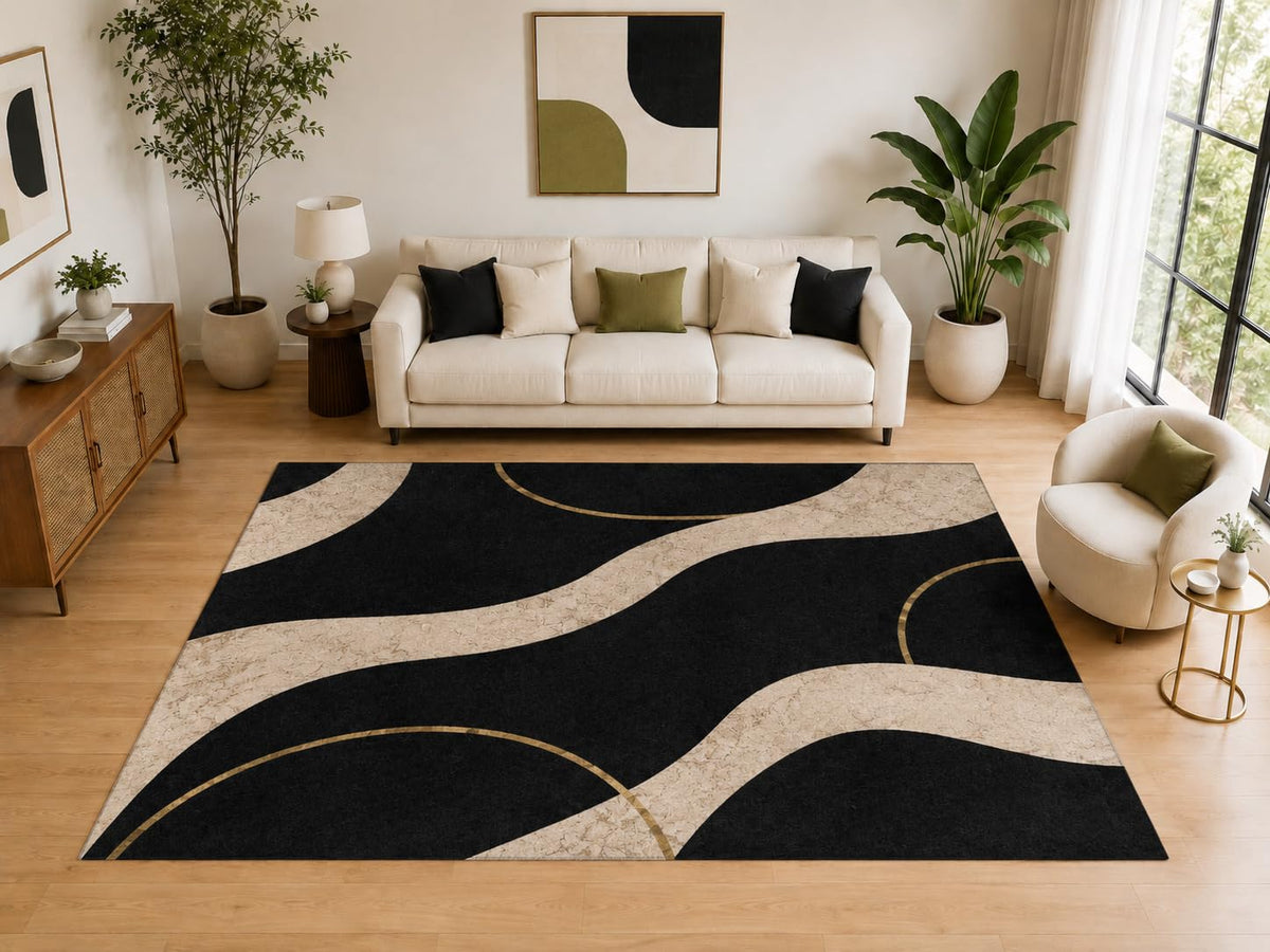 ICE ARMOR Large 6'7" x 9'10" Abstract Wavy Band Area Rug for for Bedroom, Living Room, Soft Low Pile Indoor Rug with Non-Slip Silicone Backing, Black Ivory Tan