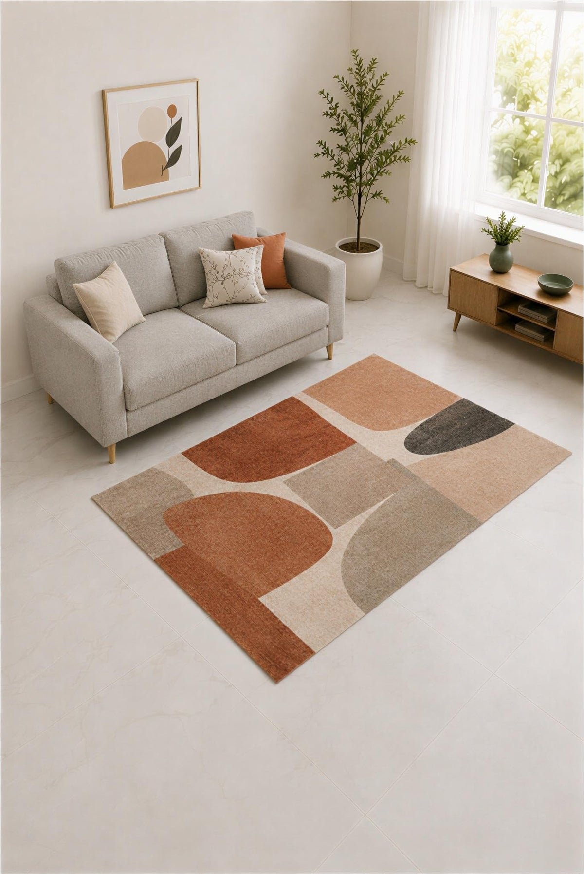 ICE ARMOR "Ultra Lightweight 5' x 7' Burnt Orange and Stone Geometric Tiles Area Rug for Living Room, Bedroom and Home Office, Soft Low Pile Carpet with Non-Slip Silicone Backing