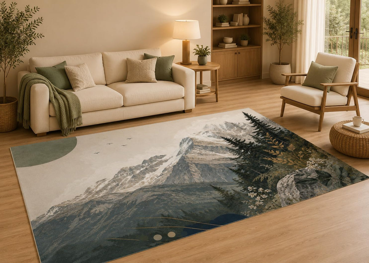 ICE ARMOR 5' x 7' Rustic Snow Mountain Forest Area Rug with Non-Slip Silicone Backing Low Pile Soft Carpet for Living Room Bedroom Scenic Nature Decor