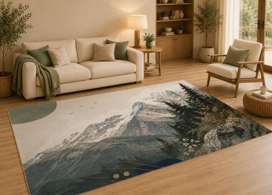 ICE ARMOR 5' x 7' Rustic Snow Mountain Forest Area Rug with Non-Slip Silicone Backing Low Pile Soft Carpet for Living Room Bedroom Scenic Nature Decor
