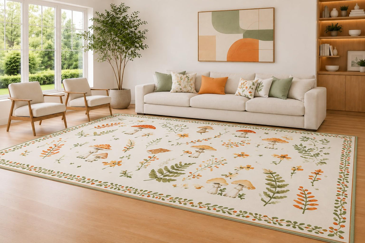 ICE ARMOR Large 6'7" x 9'10" Cream and Orange Woodland Mushroom Area Rug for Living Room, Soft Low Pile Carpet with Non-Slip Silicone Backing, Decor for Bedroom and Home Office