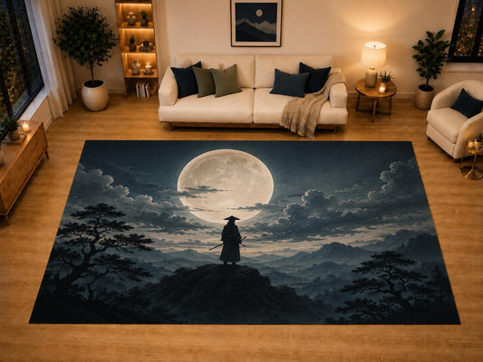 ICE ARMOR "Ultra Light Weight Large 6'7" x 9'10" Moon Samurai Area Rug for Living Room Bedroom Dining Area, Soft Low Pile Non-Slip Backing, Blue Black Beige Japanese Warrior Decor