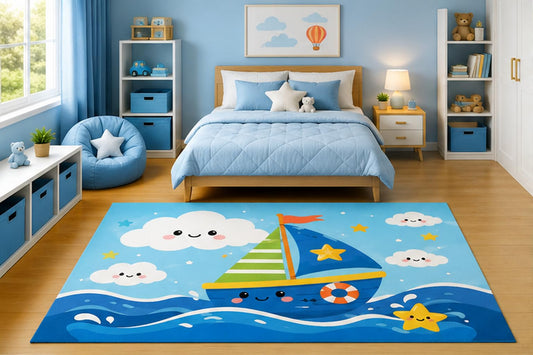 ICE ARMOR 5' x 7' Cute Smiling Sailboat Ocean Area Rug for Boys Bedroom Nursery Playroom Scandinavian Minimalist Nautical Coastal Decor Non-Slip Silicone Backing Low Pile