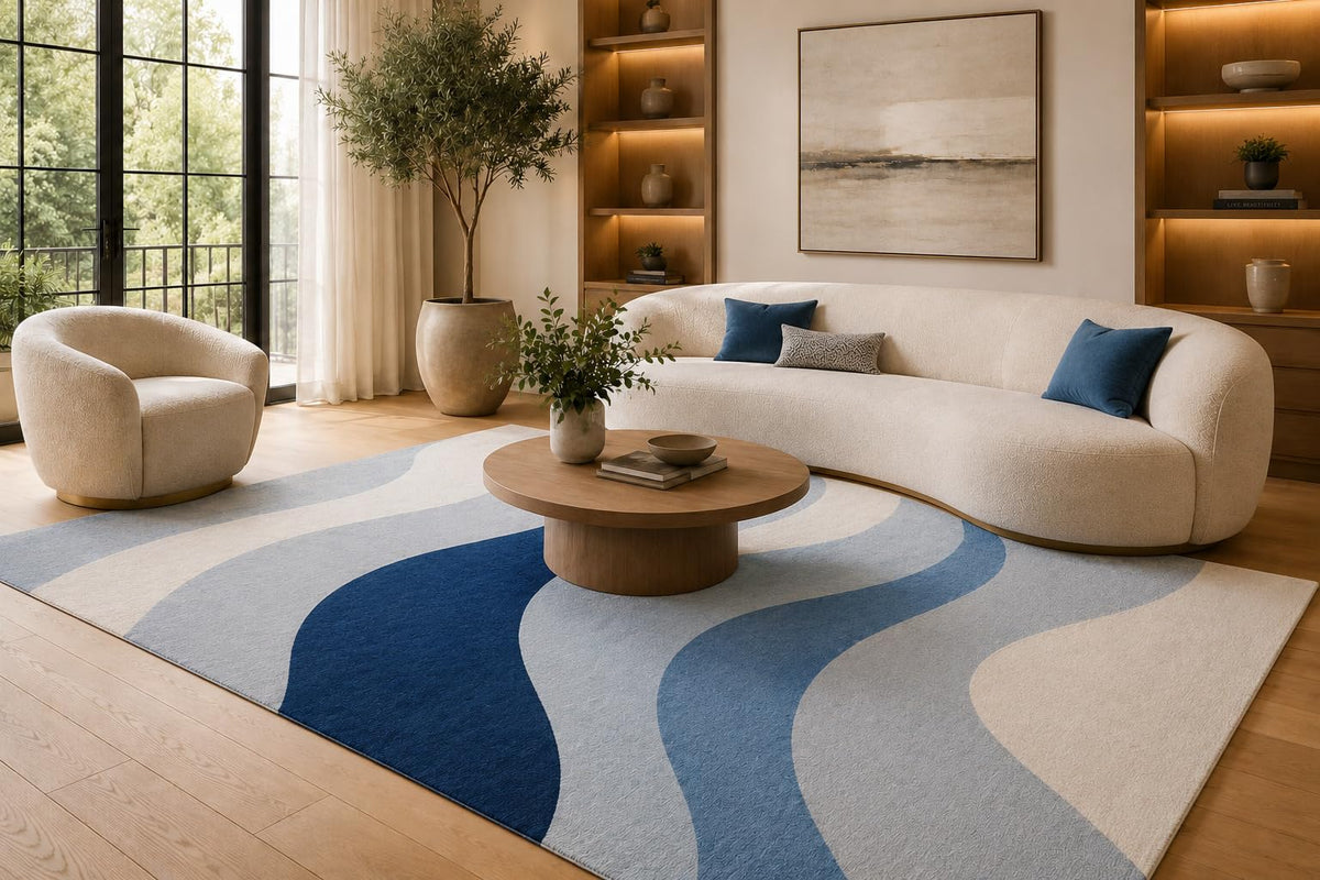 ICE ARMOR 6'7" x 9'10" Blue and Cream Soft Curved Waves Area Rug for Living Room, Soft Low Pile Carpet with Non-Slip Silicone Backing, Floor Decor for Bedroom, Dining Area and Home Office
