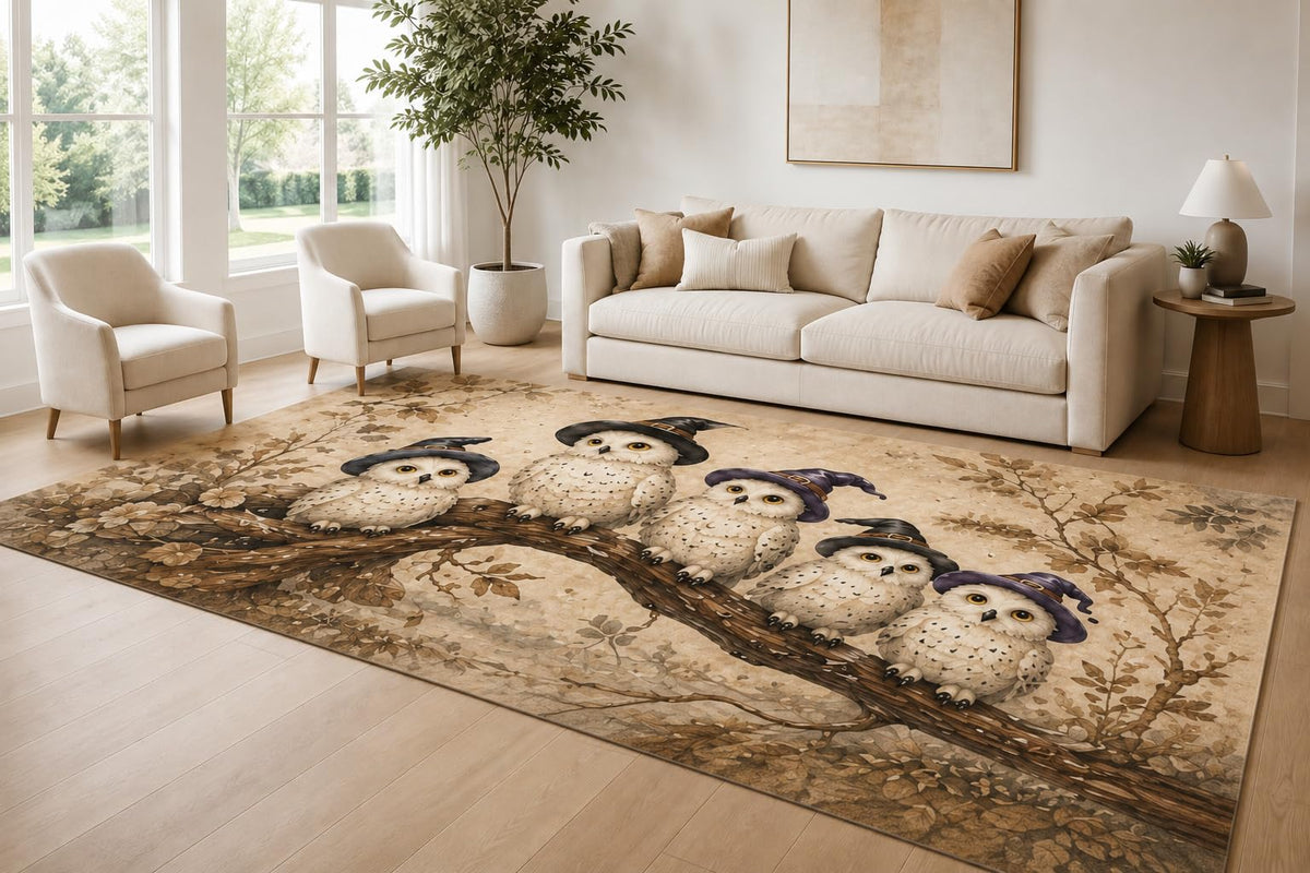 ICE ARMOR Large 6'7" x 9'10" Beige and Brown Witch Owls Area Rug for Living Room, Soft Low Pile Carpet with Non-Slip Silicone Backing, Decor for Bedroom and Home Office