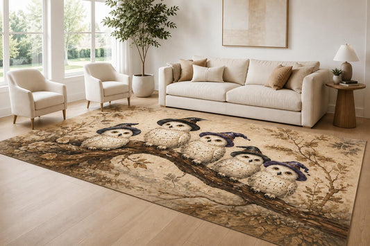 ICE ARMOR Large 6'7" x 9'10" Beige and Brown Witch Owls Area Rug for Living Room, Soft Low Pile Carpet with Non-Slip Silicone Backing, Decor for Bedroom and Home Office