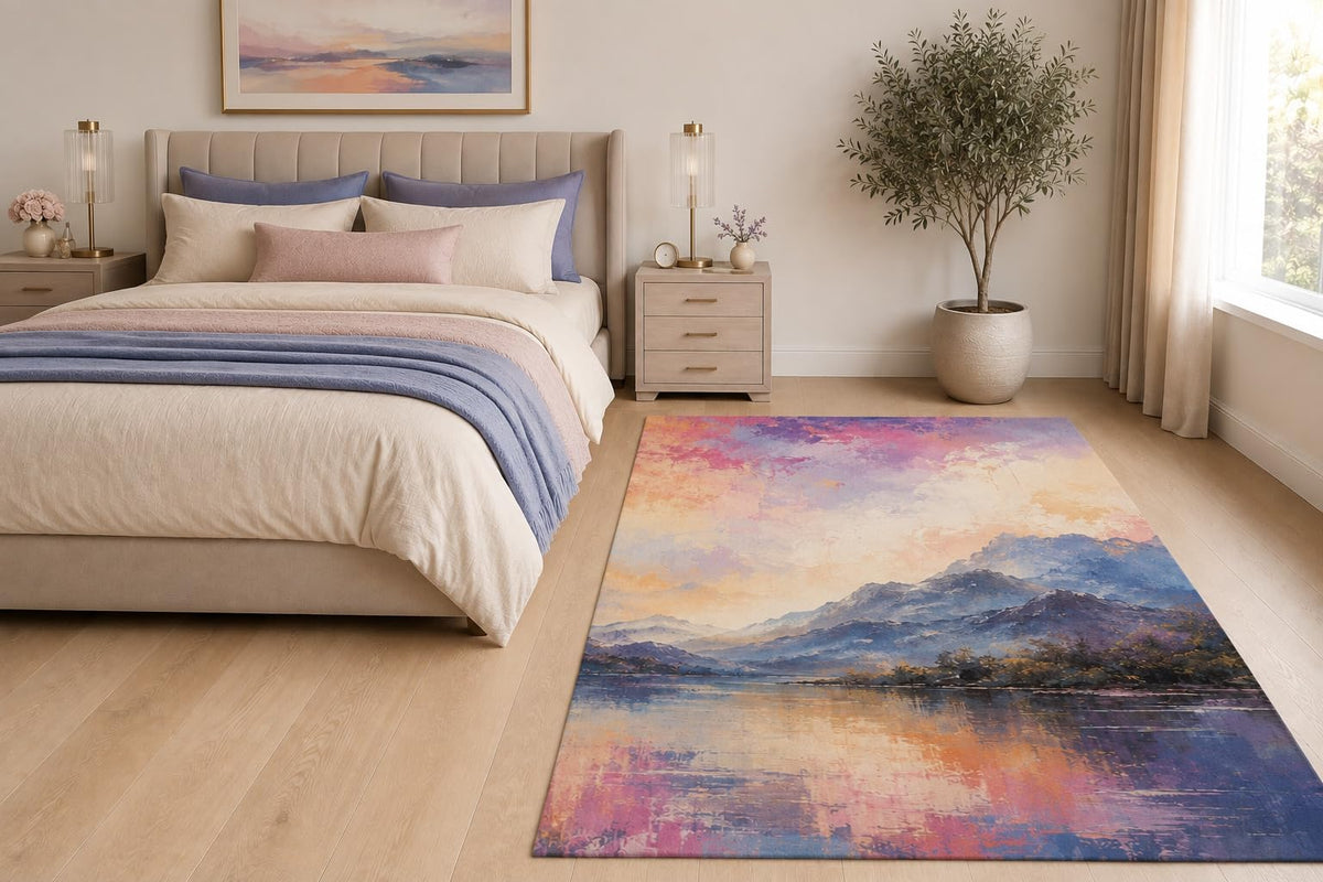 ICE ARMOR "Ultra Light Weight 5' x 7' Pastel Mountain Lake Area Rug for Living Room, Bedroom and Home Office, Soft Low Pile Carpet with Non-Slip Silicone Backing, Pink and Blue
