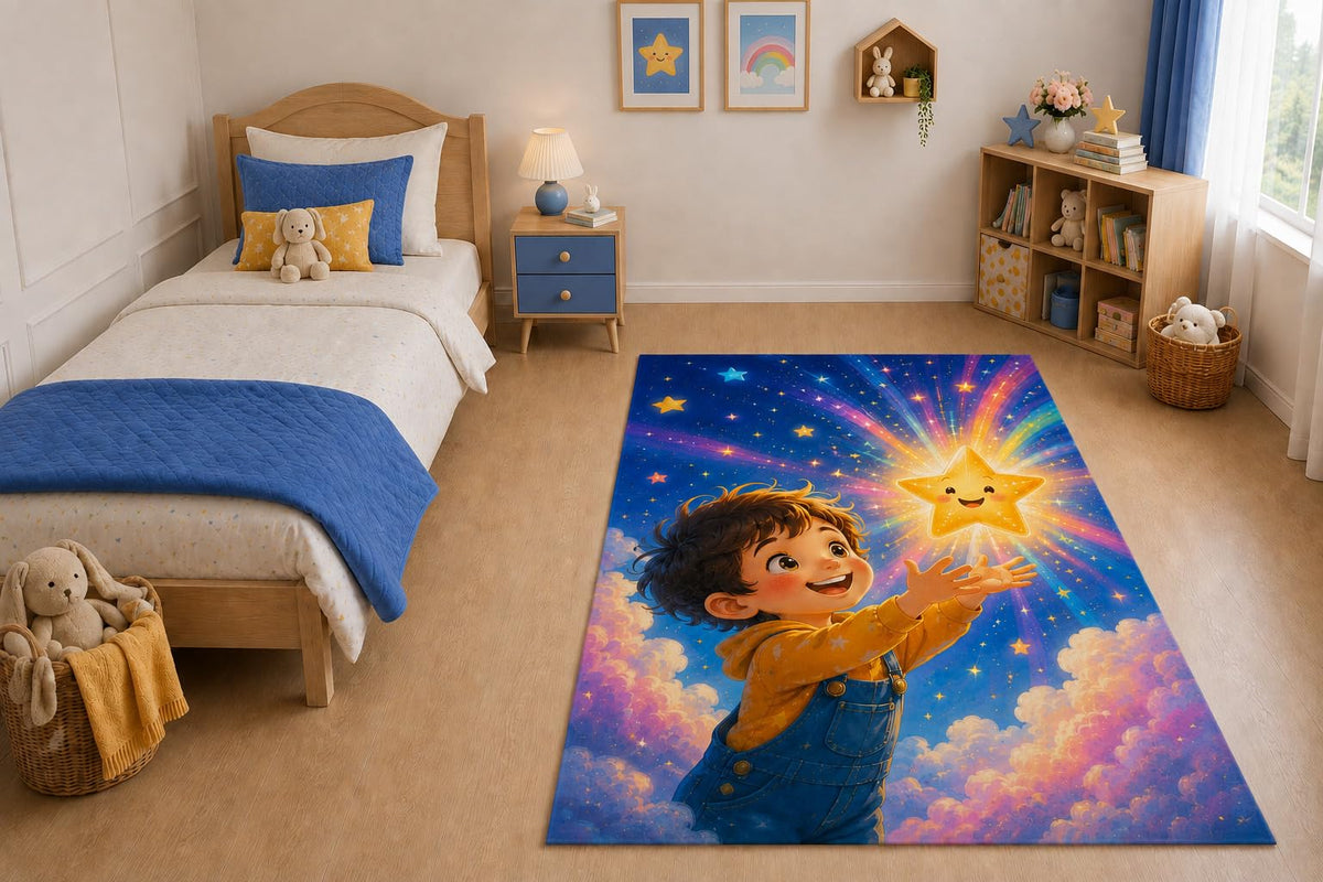 ICE ARMOR "Ultra Light Weight 5' x 7' Starry Boy Area Rug for Living Room, Bedroom and Home Office, Soft Low Pile Carpet with Non-Slip Silicone Backing, Blue and Golden Color