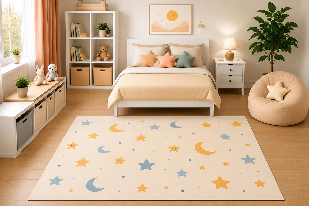 ICE ARMOR 5' x 7' Cute Stars and Moon Area Rug Kawaii Celestial Nursery Bedroom Playroom Decor for Boys and Girls Kids Room Non-Slip Silicone Backing Low Pile