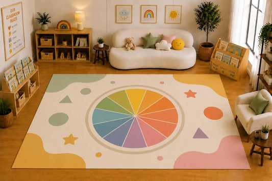 ICE ARMOR Large 6'7" x 9'10" Color Wheel Shapes Area Rug for for Kids Room, Classroom, Bedroom, Playroom Decor, Soft Low Pile Indoor Rug with Non-Slip Silicone Backing, Cream Multicolor